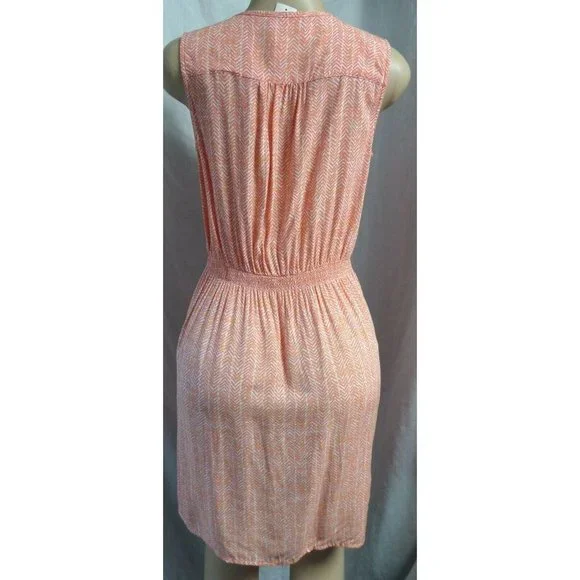 "LOFT" CORAL ABSTRACT ZIG-ZAG ELASTIC WAIST BLOUSON SPLIT NECK DRESS SZ: SP NWT - Picture 2 of 4